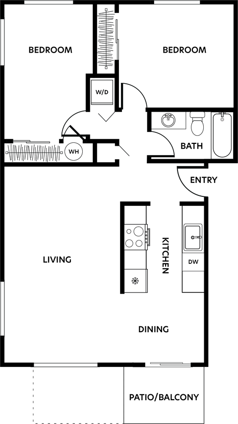 Floor plan for 2 beds, 1 bath, 855 sqft